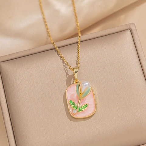 Collar Con Colgante De Flor De Tulipán Acero Inoxidable Esmalte Cobre Perla Artificial Circón Rectangular Rosa Joyería Elegante