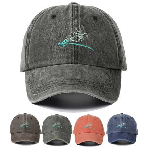 Dragonfly Embroidery Washed Cotton Baseball Cap For Men Women Vintage Distressed Adjustable Outdoor Casual Sun Hat