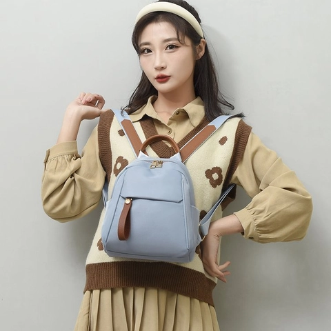 Women Mini Nylon Backpack Casual Lightweight Contrast Color Travel School Daypack With Faux Leather Trim Golden Hardware