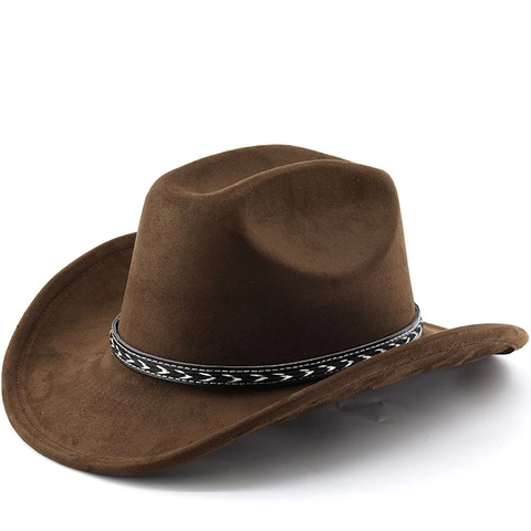 Western Cowboy Hat Suede Polyester Wide Brim Retro Outdoor Riding Fedora With Woven Band
