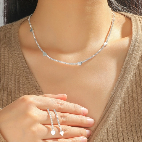 Gioielli Collana E Orecchini Con Strass Sposa Forma Cuore Scintillante Matrimonio Festa Donne Lega Color Argento Accessorio Elegante