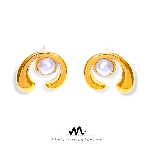 C Shaped Spiral Stud Earrings Gold Plated Titanium Steel With White Artificial Pearl Elegant Minimalist Jewelry For Women Chic