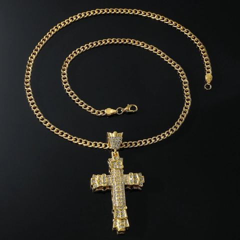 Hip Hop Alloy Rhinestone Cross Pendant Necklace For Men Cool Iced Out Gold Silver Plated Cuban Chain Jewelry Gift