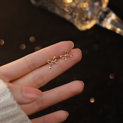 Orecchini a Bottone a Fiocco in Argento Puro S999 Per Donna Minimalisti Coreani Orecchini a Fiocco in Argento Sterling 925 Placcati Oro