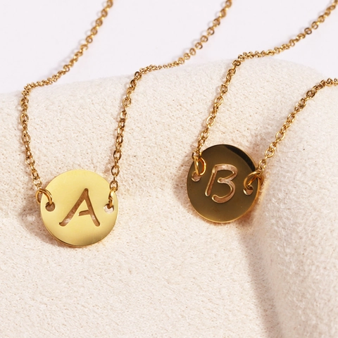 Stainless Steel Round Coin Necklace Hollow Alphabet Initial Pendant Gold Plated O Chain Fashion Jewelry For Women Men