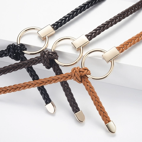 Minimalist Women Woven Skinny Waist Belt Synthetic Leather Alloy Circle Ring Buckle Thin Fashion Belt Dress Decoration