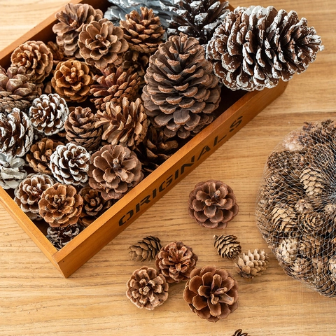Piñas De Pino Naturales Decoración De Navidad Material De Manualidades Para Árbol Corona Ornamento Puntas De Nieve Plata Marrón