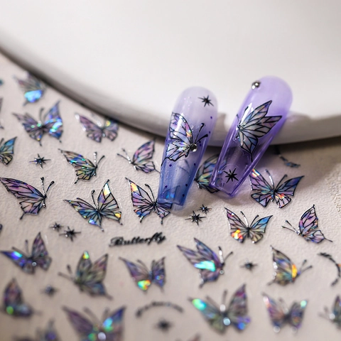 Butterfly Nail Stickers Holographic Laser 3D Gradient Purple Blue Star DIY Manicure Art Decoration For Women Salon Quality