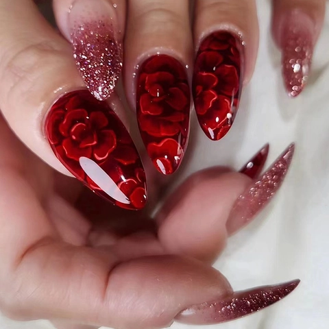 Almond Shape Press On Nails Red Gradient With 3D Rose Flower Embossed Gold Glitter Wearable Fake Nails For Women ABS