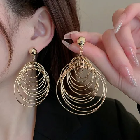 Multi-Layer Concentric Hoop Earrings For Women Geometric Big Circle Brass Earring With Steel Earring Post Exaggerated Hip-Hop Style