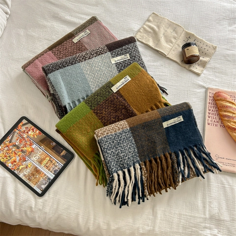 Women Winter Plaid Scarf Thick Warm Imitation Cashmere Shawl Long Fringe Tassels Vintage British Style Soft Wrap