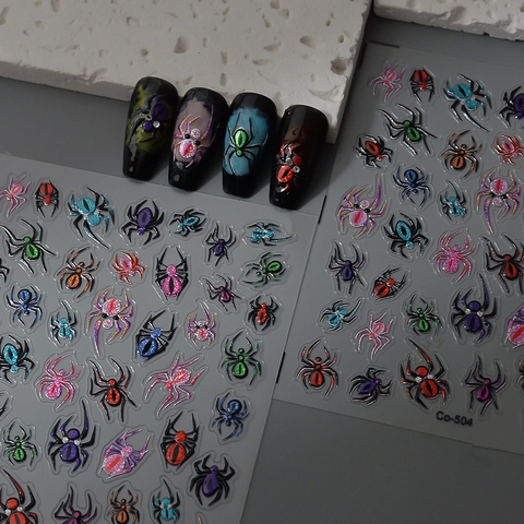 Halloween Spinne 5D Geprägte Nagelkunst Aufkleber Bunte Metallische Gotische Dunkle Muster Wasserdicht DIY Dekoration