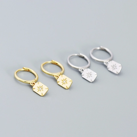 Pendientes de Aro con Etiqueta Rectangular de Estrella de Ocho Puntas de Plata de Ley 925 Pendientes Geométricos Minimalistas de Estrás Regalo Mujer