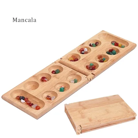 Wooden Mancala Board Game Foldable Strategy Desktop Toy With Colorful Glass Beads Stones Educational Kids Adults