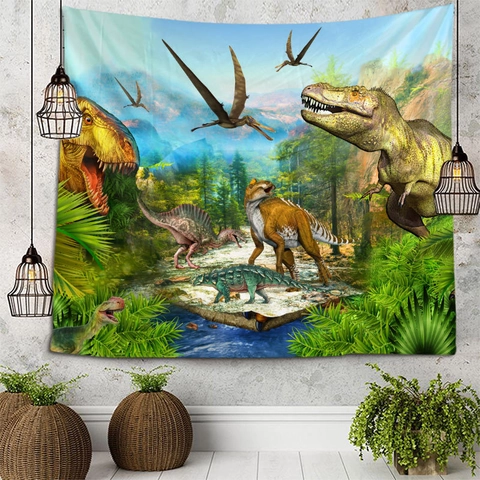 Dinosaur World Wall Tapestry Polyester Prehistoric Jungle Scene Digital Printing Hanging Decor For Bedroom Dorm Room