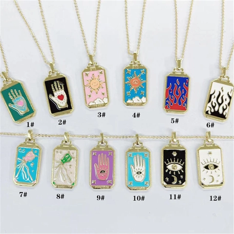Tarot Karten Anhänger Halskette Kupfer 18K Vergoldet Emaille Mystisches Auge Hamsa Hand Sonne Vintage Schmuck Damen