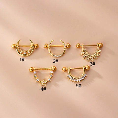Tepelringen Roestvrij Staal Piercing Studs Maan Ster Blad Vorm Zirkoon Ingelegd Mode Lichaamssieraden Voor Vrouwen