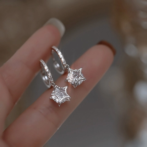 S925 Sterling Silver Star Huggie Hoop Earrings For Women Rhinestone Inlaid Dangle Star Earring Elegant Fashion Jewelry Gift