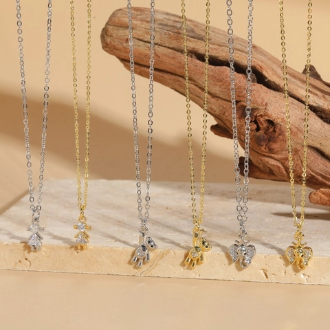 Zircon Pendant Necklace Copper Gold Silver Plated Cute Bear Elephant Girl Shape Heart Stone Sparkly Jewelry Women Gift