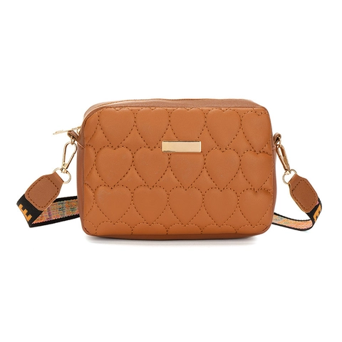 Women Fashion Heart Quilted PU Leather Crossbody Bag Small Square Shoulder Purse With Adjustable Wide Letter Print Love Strap