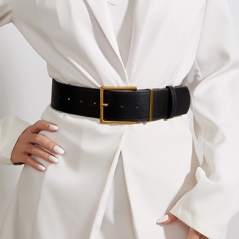 Vintage Maillard Stil Breiter Taillengürtel Damen Kunstleder Gürtel Mit Quadratischer Goldener Schnalle Mode Accessoires