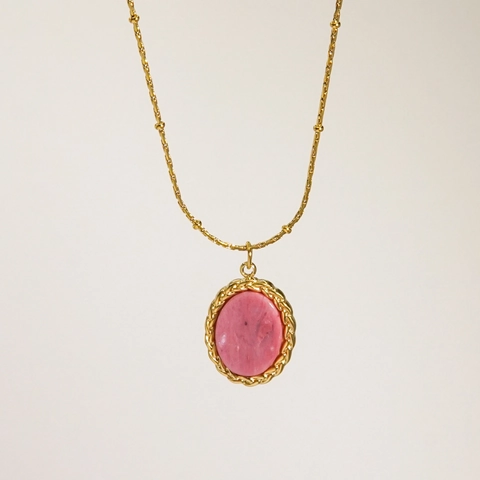 French Vintage Rhodochrosite Pendant Necklace Stainless Steel 14K Gold Plated Pink Stone Celestial Star Moon Women