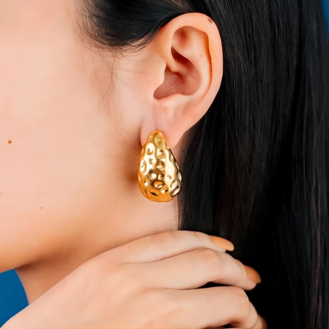 Water Drop Earrings Hammered Texture Stainless Steel 18K Gold Plated Retro Minimalist Jewelry For Women High-end Gift