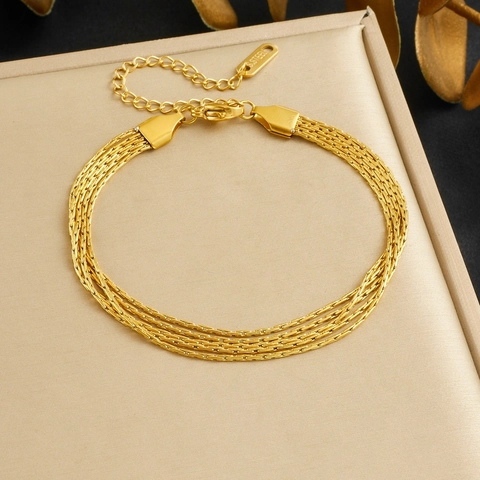 Hammered Multi-Layer Woven Chain Bracelet Stainless Steel Gold Plated Adjustable Minimalist Jewelry For Women