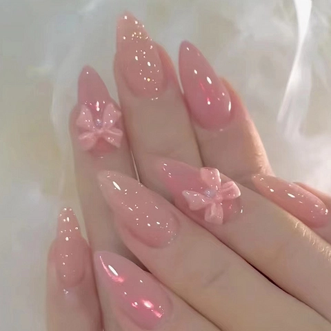 Press On Nails Dégradé Rose Forme Amande Avec Nœud 3D Paillettes Style Doux Faux Ongles Amovibles Pour Femmes