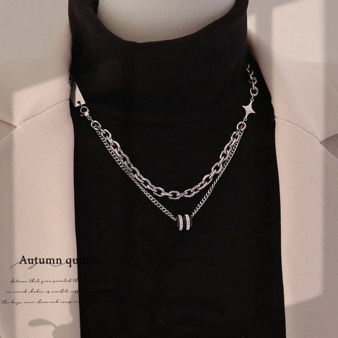 Double Layer Necklace 304 Stainless Steel Star Cylindrical Pendant Hip Hop Punk Clavicle Chain Minimalist Jewelry For Women Men