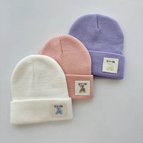 Kids Knitted Beanie Hat Ribbed Acrylic Warm Solid Color Bear Patch Winter Outdoor Boys Girls