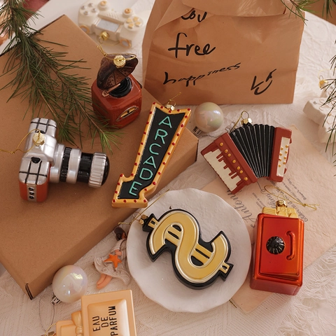 Creative Christmas Hanging Ornaments PVC Plastic Retro Camera Record Player Dollar Sign Vintage Holiday Tree Decoration