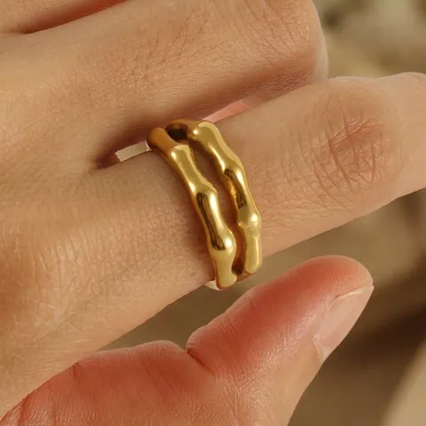 Bamboo Joint Open Ring 18K Gold Plated Stainless Steel Adjustable Fashion Jewelry For Women