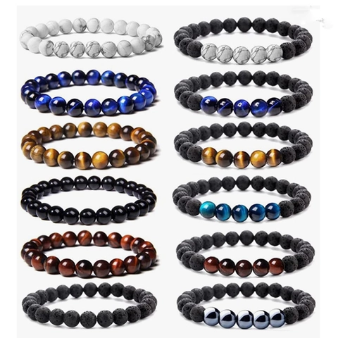 Natural Lava Stone Tiger Eye Howlite Round Bead Elastic Bracelet Yoga Healing Reiki Schmuck Für Herren Damen