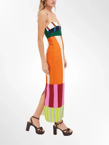 Women Maxi Dress Spaghetti Strap Patchwork Striped Side Slit Sexy Slim Fit Sleeveless Polyester Summer Beach Vacation
