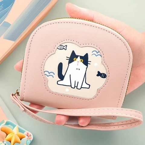 Cartera Corta Para Mujer De Cuero PU Con Patrón De Gato De Dibujos Animados Monedero Con Cremallera Y Correa De Mano