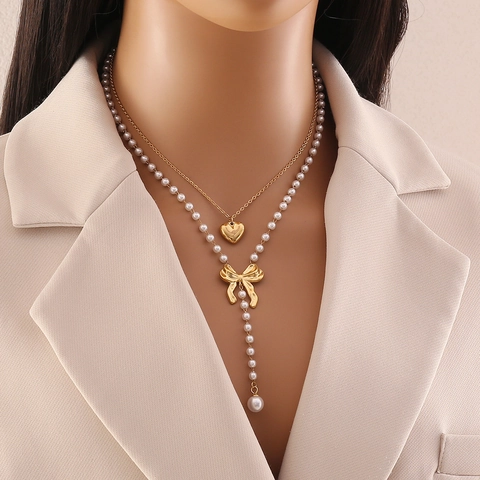 Lagenhalskette Aus Edelstahl Mit Herzanhänger Schleife Und Künstliche Perlenimitation Elegante Lange Quastenkette Für Damen