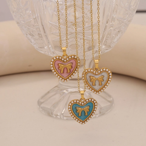 Herz Anhänger Halskette Edelstahl Künstliche Perle Schleife Emaille Vintage Stil Vergoldeter Schmuck Für Damen