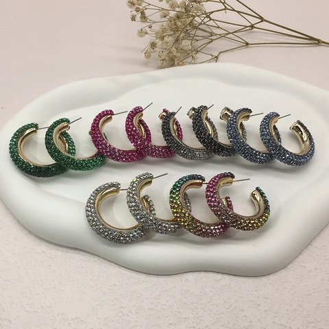 Pave Strass C-Form Creolen Bunte Legierung Vergoldet Modeschmuck Für Damen Party Hochzeit