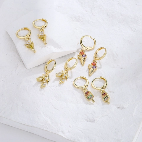Orecchini A Cerchio Elementi Estivi Oro Placcato Rame Zirconia Colorata Palma Da Cocco Gelato Cocktail Creativo Carino