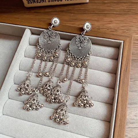 Pendientes Étnicos Retro Con Borlas Redondas Poste De Plata De Ley 925 Joyería Bohemia Geométrica De Campana Jhumka