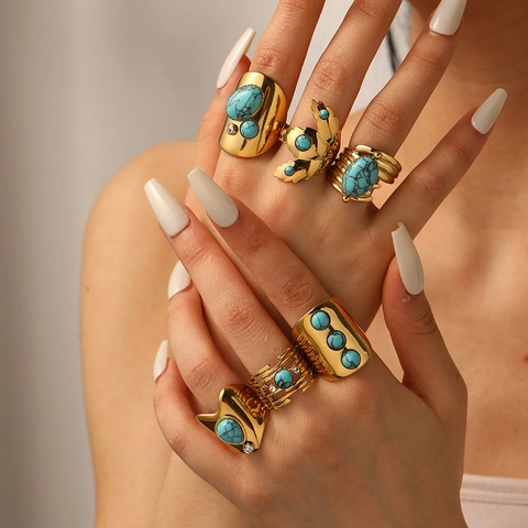 Stainless Steel Open Ring Vintage Gold Plated With Synthetic Turquoise Bohemian Adjustable Jewelry For Women