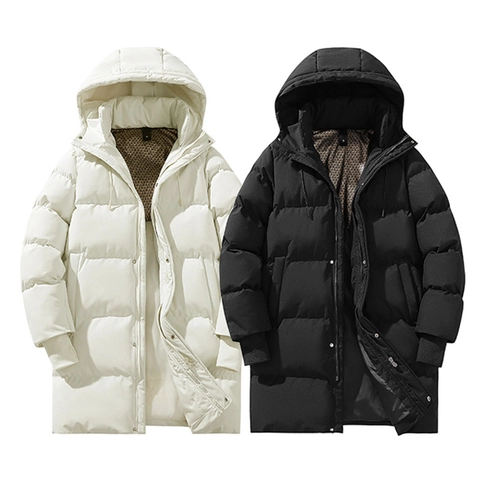 Men Long Hooded Quilted Jacket Windproof Water Resistant Padded Parka Coat Solid Color Warm Winter Outerwear Casual Male
