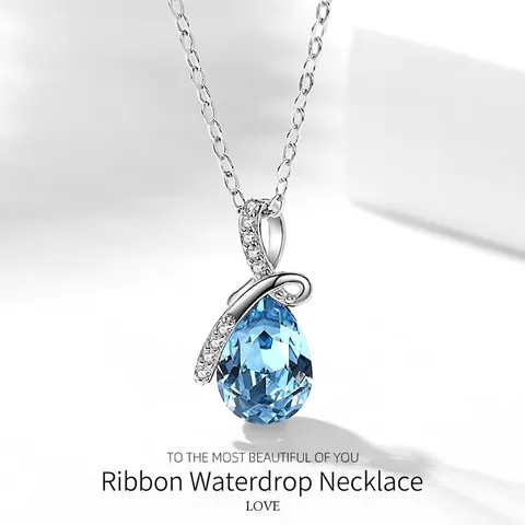 925 Sterling Silver Teardrop Pendant Necklace Blue Cubic Zirconia Ribbon Bow Elegant Fashion Jewelry Gift For Women