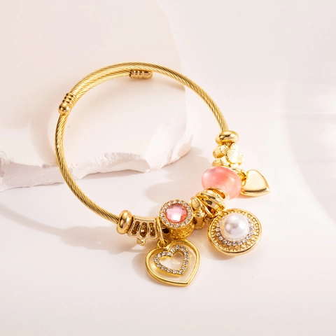 DIY Adjustable Charm Bangle Bracelet Alloy Titanium Steel With Rhinestone Heart Artificial Pearl Elephant Pendant Women Jewelry