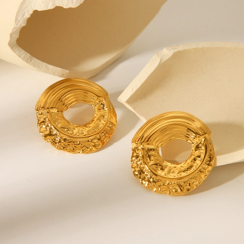 Pendientes De Aro Geométricos Irregulares Acero Inoxidable Chapado En Oro De 18K Textura Martillada Ondulada Joyería Vintage Mujer