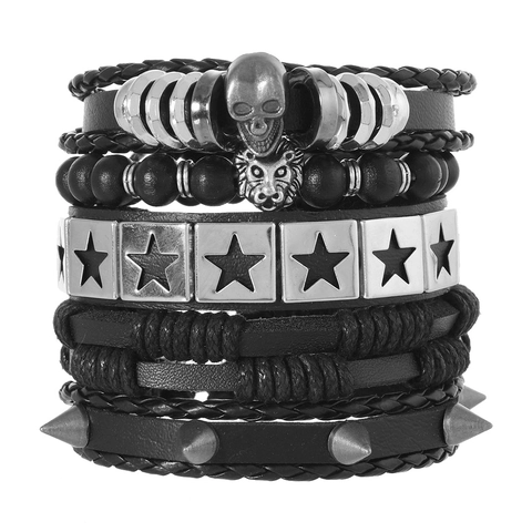 Herren Gothic Punk Armband Set Kunstleder Geflochtenes Seil Löwenkopf Totenkopf Stern Anhänger Verstellbarer Rock Schmuck