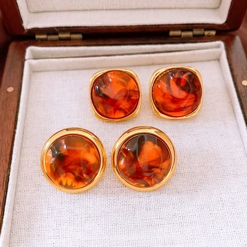 Runde Quadratische Ohrstecker Legierung Bernstein Harz Mit 925 Sterling Silber Ohrstecker Retro Vintage Damen Schmuck