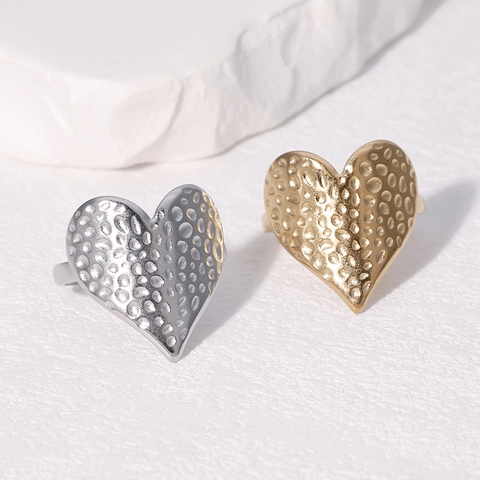 Herzförmiger Ring Edelstahl Gehämmerte Textur Verstellbar Offenes Band Modeschmuck Für Damen