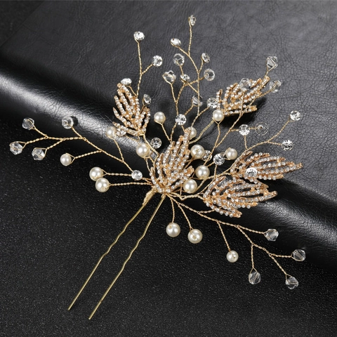 Elegante Forcina Per Capelli Sposa Lega Dorata Foglia Con Perla Artificial D'imitazione Strass Cristallo Matrimonio Per Donne